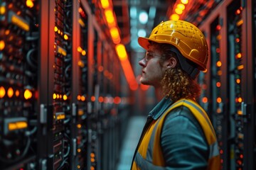 A professional system engineer in a hardhat, maintaining server equipment with focus on data connectivity. - obrazy, fototapety, plakaty