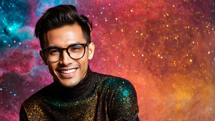 The image features a man with glasses and a brown turtle neck smiling in front of a colorful background.