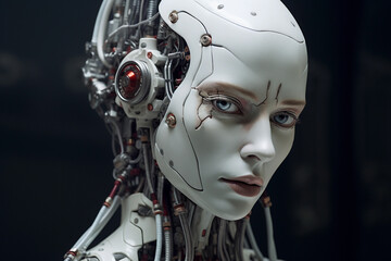 Female humanoid robot. Portrait of woman with built-in circuits in her skull and blue eyes