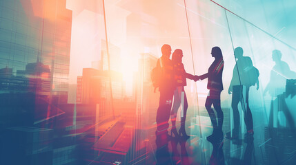 Double exposure image of two businessmen shaking hands with cityscape. Business, agreement and cooperation concept.