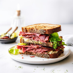 Homemade Pastrami sandwich on the plate on white kitchen