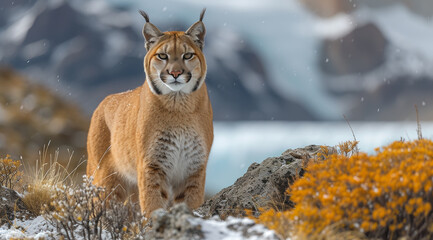 Puma standing amidst yellow flowers with snowy mountains in the background, ai generated