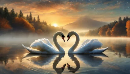 Fotobehang Swans making the shape of a heart by sunrise and morning fog, with reflections on still water © rifkyalfares