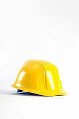 Yellow helmet isolated on white vertical background with copy space. Hard hat for Labour Day concept, 3d render.