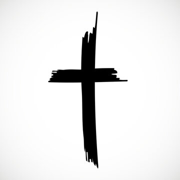 Black christian cross icon. Hand drawn christian cross. Grunge cross. Religion christian symbol. Vector illustration