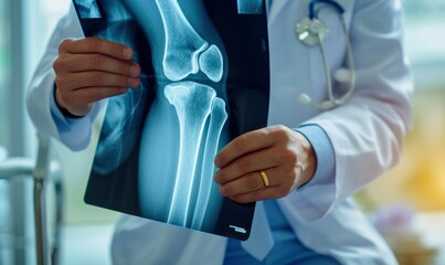 Doctor examine patient's joint x-ray scan. Radiologists holding and analysing the MRI image.
