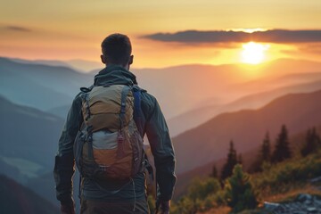 Close up back view of young man with a travel backpack on his back stands on mountain at sunset. Joyful free travel concept - obrazy, fototapety, plakaty