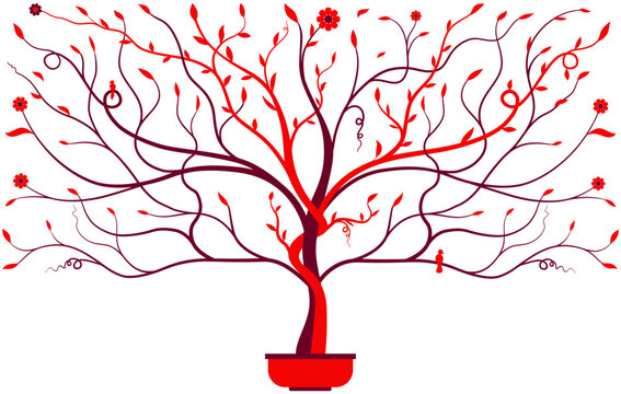 Art pattern, luxury wallpaper design red tree and vine with red flower. Vector illustration.