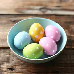 Fototapeta na wymiar Colorful Easter eggs in bowl on wooden table, closeup, ai technology