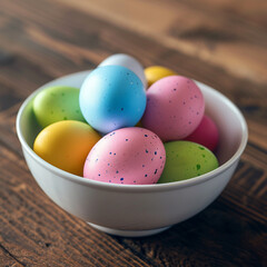 Fototapeta na wymiar Colorful Easter eggs in bowl on wooden table, closeup, ai technology