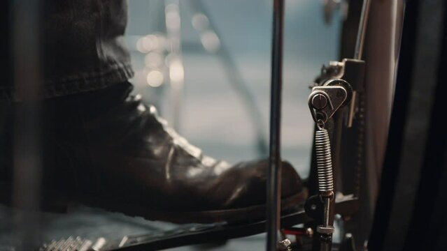 Drummer's Foot Presses Drum Bass Pedal At Concert Of Rock Performers.