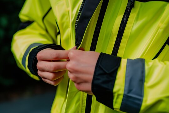 customer zipping up a highvisibility windbreaker