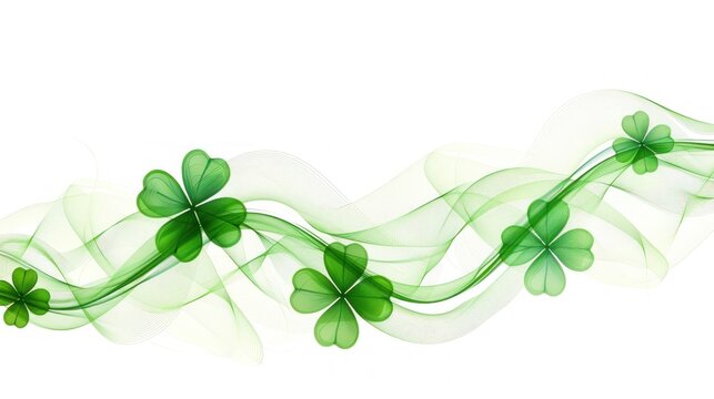 Wave of vibrant shamrock four leaf clovers banner on white background with copy space. Happy St. Patrick's Day.