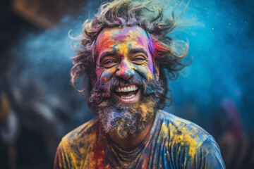 Close up Happy tourist man on holi holiday in india on the street wearing colored powder	
