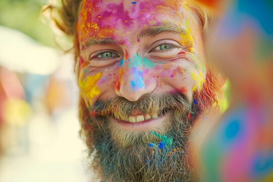 Close up Happy tourist man on holi holiday in india on the street wearing colored powder	
