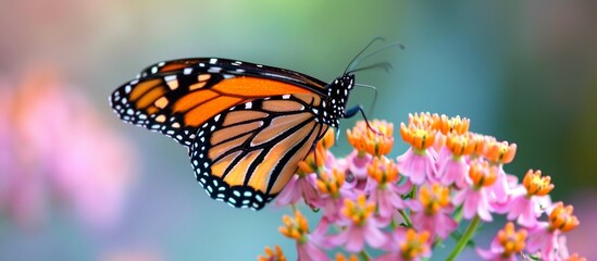 A monarch butterfly, a pollinator and arthropod, is perched on a pink flowering plant, captivating with its beauty.