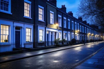 Illuminated houses brighten London streets at night.