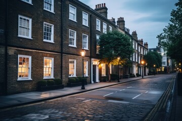 Fototapeta na wymiar Illuminated houses brighten London streets at night.