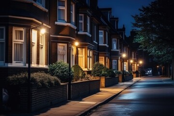 Illuminated houses brighten London streets at night. - obrazy, fototapety, plakaty