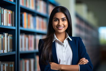 A young indian business woman stands in the library among books. Indian education concept for women - obrazy, fototapety, plakaty