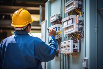 Engineer measures electric current voltage with multimeter.