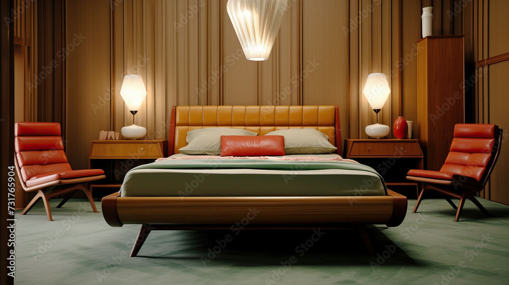 Wall mural Mid-century styled retro bedroom created with Generative AI technology