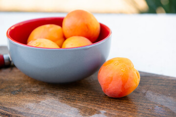 Front view of wet, washed orange plums, apricots lying on wet wooden board on beach in summer. Concept of summer.