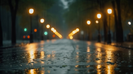Rainy day. A wet street illuminated by street lights while rain falls