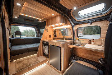 The functional interior of a recreational vehicle with a sink and a window - obrazy, fototapety, plakaty