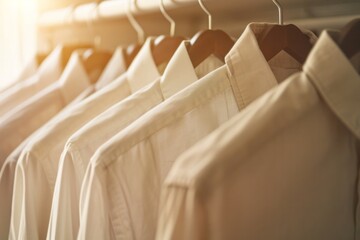 Clean, ironed white shirts on a hanger in a store or at home in a light wardrobe. Clothing store concept for sale