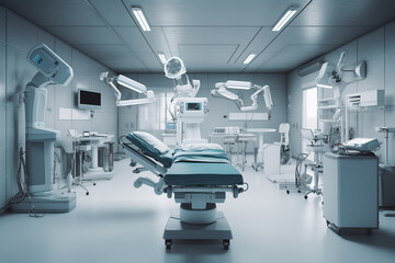 A hospital room with a range of medical equipment, including monitors, machines, and tools used for patient care