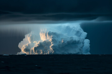 Dramatic sky over ocean with giant iceberg