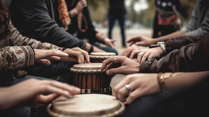 A diverse group of individuals sitting in a circle around a drum, participating in a musical gathering