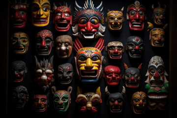 Colorful wooden masks and handicrafts on sale at shop