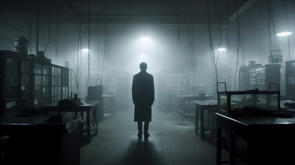 Scary scene, man silhouette in the foggy lab