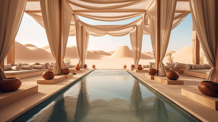 Obraz na płótnie Canvas Contemporary luxury camp in the desert. Sand dunes around. Modern eco tents