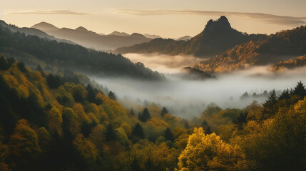 A mountain range covered in dense fog, creating an atmospheric and mystical atmosphere