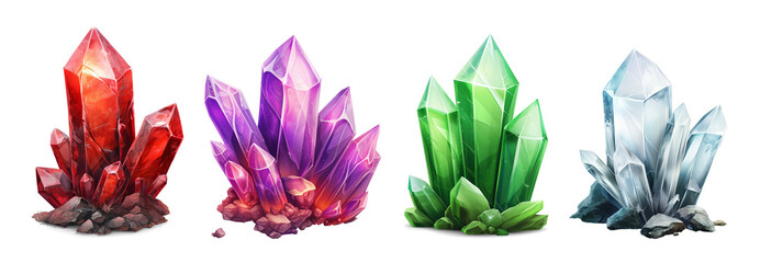 Collection set of game gemstones, crystal icons isolated on transparent or white background, png