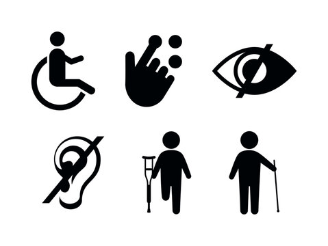 People with disabilities icon set vector illustration. Disabled people black simple icons isolated on a white background. Handicapped people graphic design element