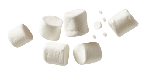Flying falling marshmallows isolated on transparent background