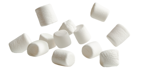 Flying falling marshmallows isolated on transparent background