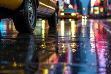 taxi tires on shiny wet street with lights - obrazy, fototapety, plakaty