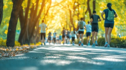 group of people jogging in the park on a sunny day, doing sports is good for health, back view