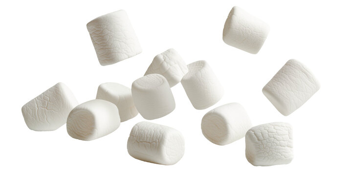 Flying falling marshmallows isolated on transparent background