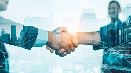 Fototapeta na wymiar Double exposure image of two businessmen shaking hands with cityscape. Business, agreement and cooperation concept.
