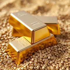 Poster Gold bars on nugget grains background, close-up, ai technology © Rashid