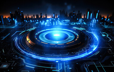 Futuristic blue digital HUD interface with glowing cyber circuit elements, depicting advanced technology, cybersecurity, and modern computing concepts