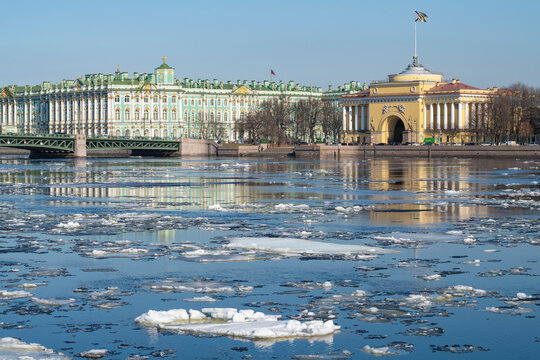 Spring ice drift on the Neva river. April in the historical center of St. Petersburg. Russia