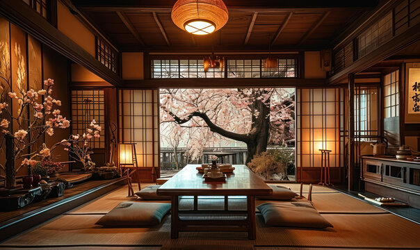 Traditional Japanese tearoom with tatami mats, low wooden table, and sliding shoji doors, showcasing a peaceful cherry blossom mural