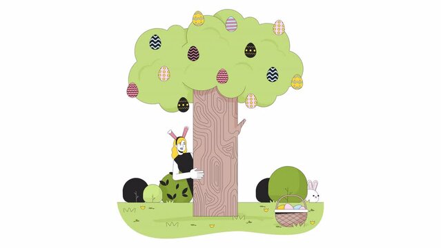 Bunny ears woman peeking around tree line 2D characters animation. Girl hiding behind eastertree flat color cartoon 4K video, alpha channel. Caucasian blonde female animated person on white background